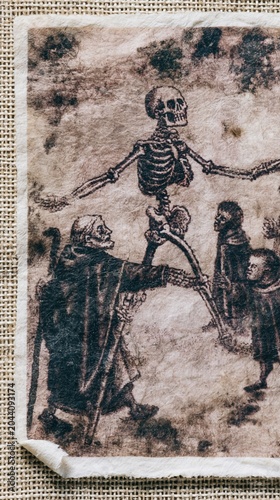 Aged parchment manuscript depicting a Danse Macabre procession with a skeleton and robed figures for academic history research, museum education and memento mori displays