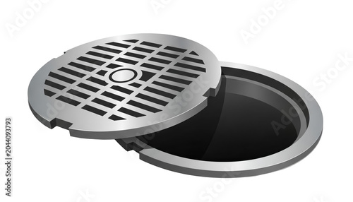 Open manhole cover with sewer grate and opening, urban infrastructure element
