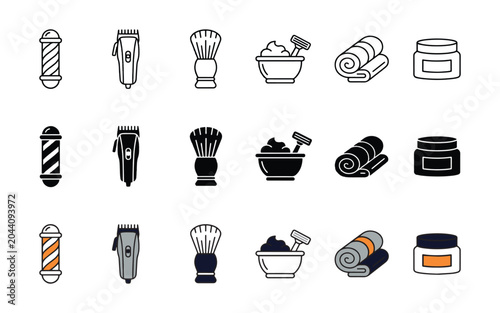 Barber shop icons, 20 black and white illustrations, razor, scissors, towels, shaving kit, grooming tools