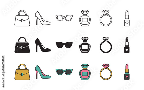 Fashion Icons, Accessories Symbols, Beauty Elements, 20 Vector Graphics