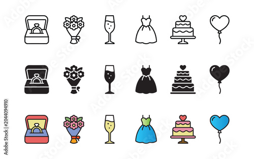 Wedding icons, marriage symbols, engagement graphics, 20 wedding elements