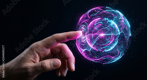 Financial expert analyzing a futuristic holographic blockchain network ledger and cryptocurrency transaction data on a laptop.