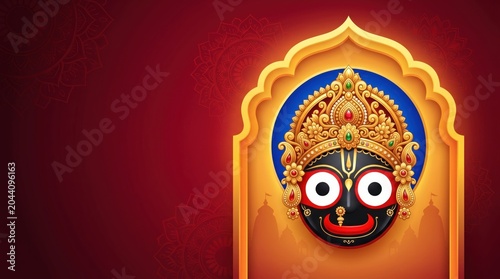 Ornate golden of lord jagannath face with traditional jewelry on a deep red and orange background
