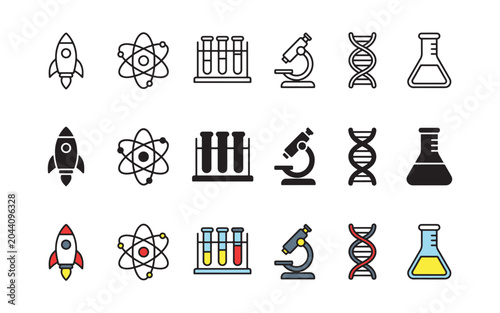 Science icons, laboratory symbols, biology signs, chemistry illustrations, 20 vector graphics