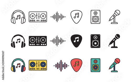 Music icons, audio symbols, sound wave graphics, vector sound effects