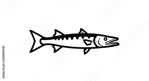 Slika na platnu Hand-drawn barracuda fish illustration, black and white line art, simple cartoon