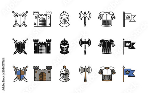 Medieval icons, 20 vintage heraldry symbols, coat of arms, shields, helmets, flags, axes, vector