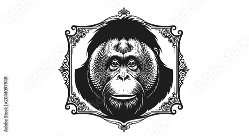 Orangutan Face Portrait Vintage Engraving Style.