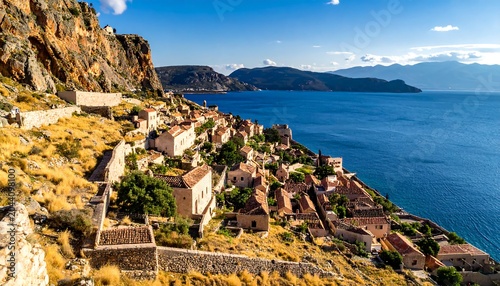 Coastal village clinging to rocky hillside, overlooking the sea under a blue sky