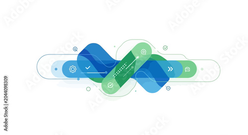 Abstract business process flow infographic with blue and green shapes