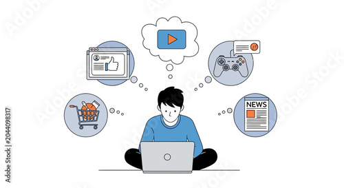 Man sitting with laptop surrounded by icons representing online digital activities.