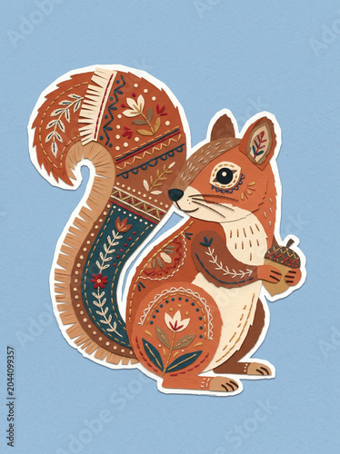 Squirrel with Acorn, Folk Art Illustration, Blue and Terracotta, Woodland Nursery Decor