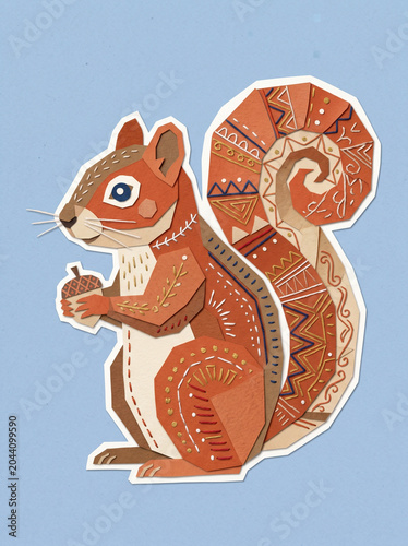 Folk Art Squirrel Illustration, Patterned, Blue Background, Boho Woodland Deco
