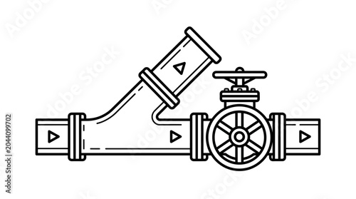 Bild auf Leinwand Industrial pipe junction with valves and directional arrows icon.