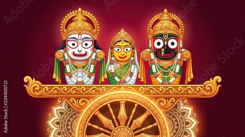 Sacred hindu deities jagannath balabhadra and subhadra with ornate golden chariot wheel and floral motif