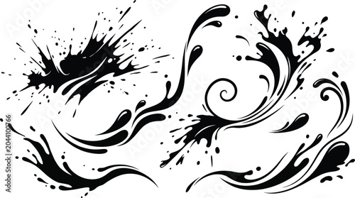 Ink splashes and swirls on white background  abstract art design elements  creative graphic illustrations