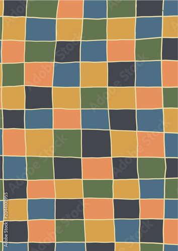 A charming hand-drawn checkerboard background featuring a patchwork grid of multi-colored squares separated by thin cream lines. The slightly uneven, organic lines and a warm, earthy color palette giv
