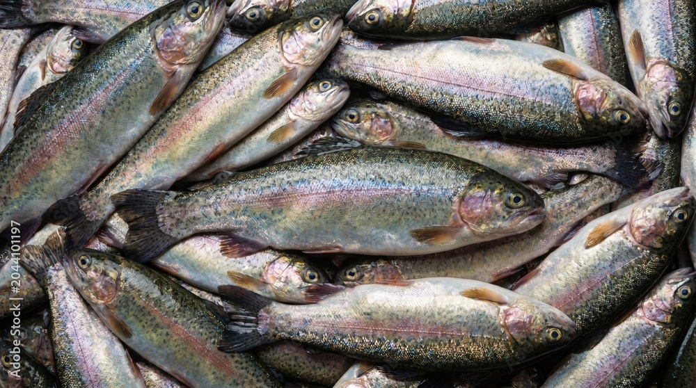 Obraz premium Fresh rainbow trout stacked together in a large pile showing detailed scales and silver skin texture for culinary seafood market preparation and healthy eating