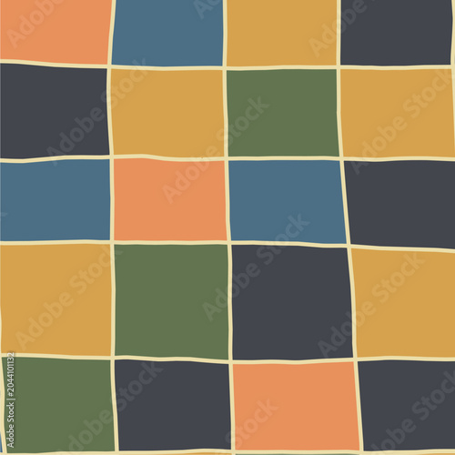 A charming hand-drawn checkerboard background featuring a patchwork grid of multi-colored squares separated by thin cream lines. The slightly uneven, organic lines and a warm, earthy color palette giv