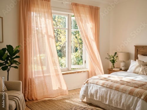 Cozy bedroom interior with sheer peach curtains and natural sunlight