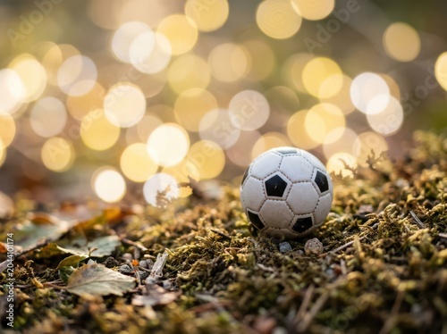 Small soccer ball resting on mossy ground with bokeh lights