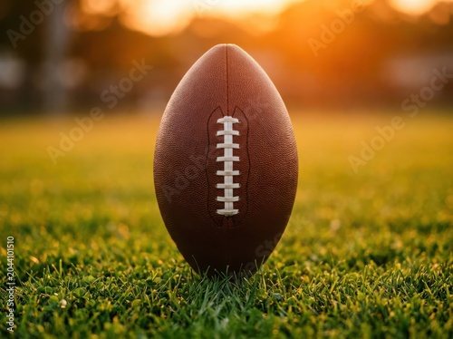 American football ball standing on green grass field at sunset