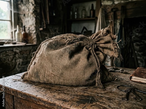 Old burlap sack on a rustic wooden table in a workshop