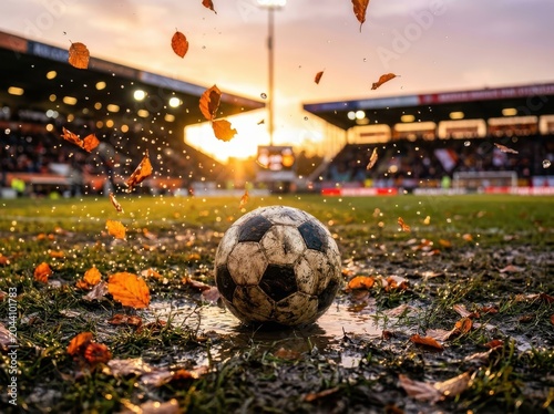 Muddy soccer ball on a wet stadium field with falling autumn leaves