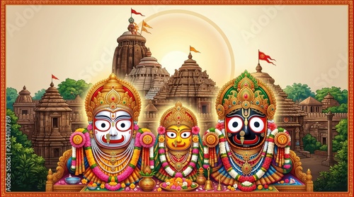 Sacred hindu deities jagannath baladeva and subhadra set against the jagannath temple complex