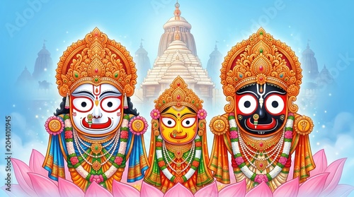 Sacred hindu deities jagannath balabhadra and subhadra with ornate temple background digital
