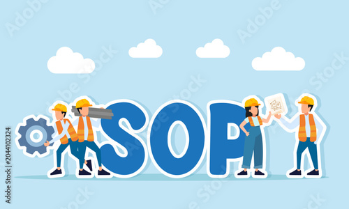 Engineers Working Near SOP Text Illustration of Standard Operational Procedure Definition