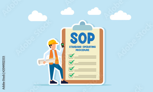 Engineer Holding Project Roll Document and Handy Talky Near SOP Document Illustration of Instructions for Implementing Standard Operational Procedure