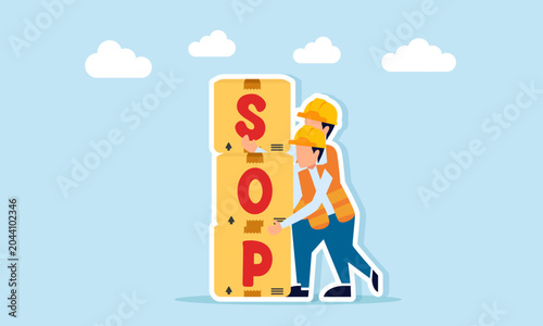 Two Engineers Stacking SOP Boxes Illustration of Developing Standard Operational Procedure