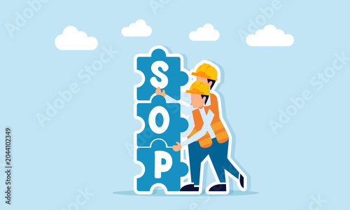 Two Engineers Assembling SOP Puzzle Illustration of Developing Standard Operational Procedure