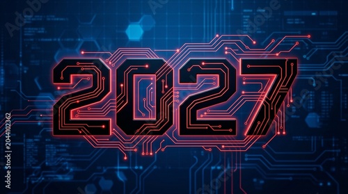 Digital 2027 year concept with futuristic circuit board design