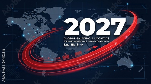 Global shipping and logistics 2027 concept with world map and red trails