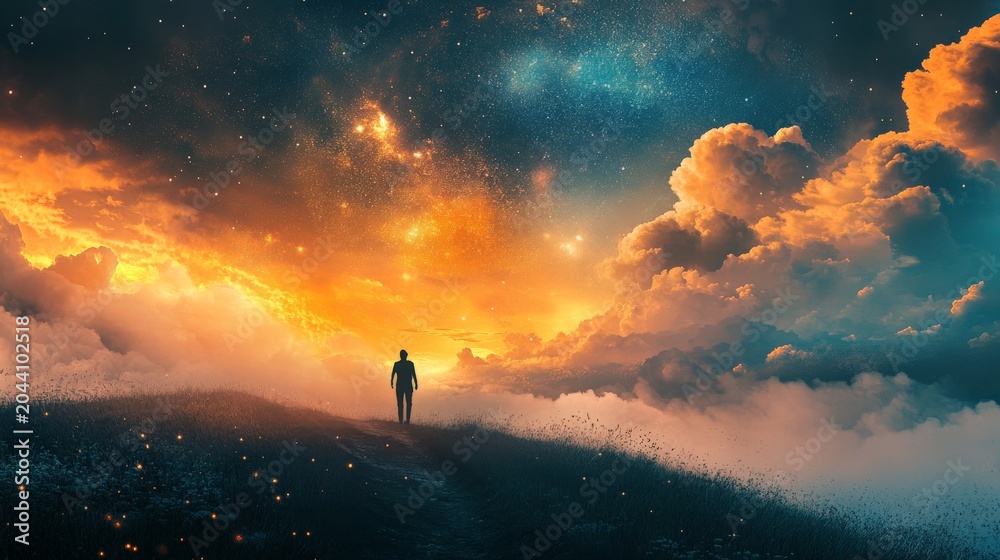 Obraz premium Silhouette figure on hilltop, vibrant sunset, cosmic clouds