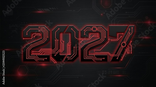 Futuristic 2027 year design with glowing red circuit board patterns