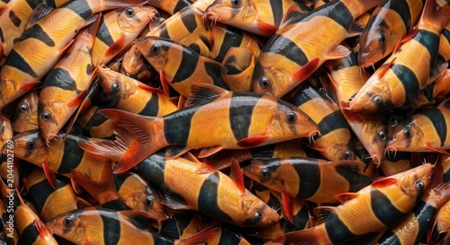 Vibrant school of clown loach fish swimming together creating a dense pattern of orange and black striped bodies in a bright underwater aquatic environment
