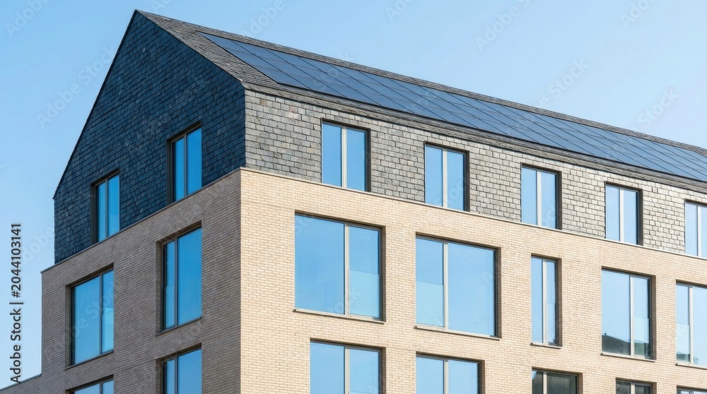 Fototapeta premium Modern Architectural Marvel - A Contemporary Building with Stylish Design and Blue Sky.