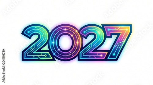 Futuristic 2027 text design with digital circuit board pattern isolated on white background