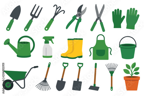 Vector gardening tools and equipment icon set isolated on white background
