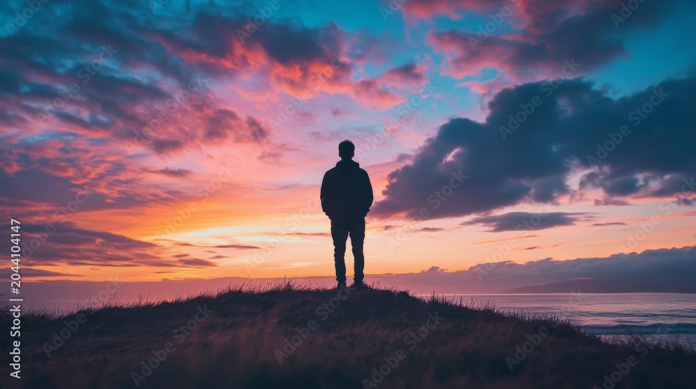Obraz premium Silhouette against a fiery sunset, peaceful horizon with clouds above a grassy hill