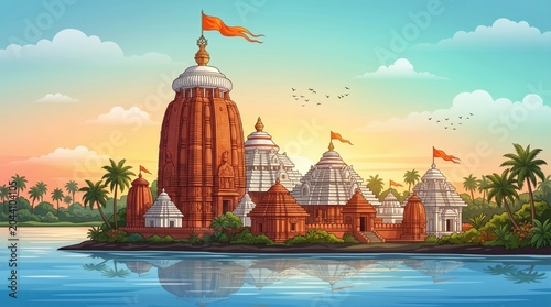 Scenic view of jagannath temple in puri with orange sunset sky and calm water reflection digital