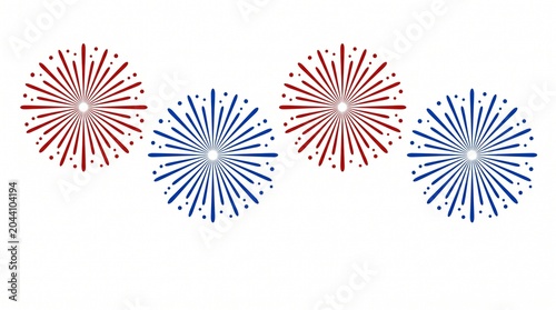 Red and blue firework bursts isolated on white background
