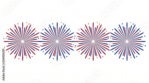 Set of four red and blue firework bursts isolated on white background