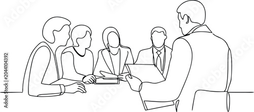 Foto Leader presenting report to attentive team members continuous line drawing corporate scene