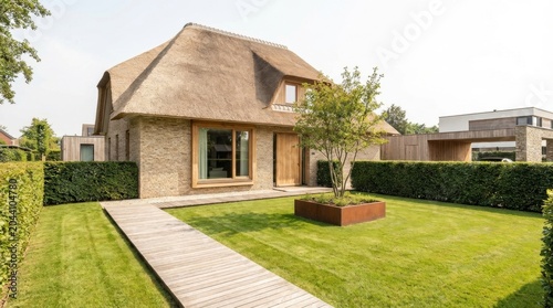 Charming thatched roof house with lush green lawn and wooden pathway.