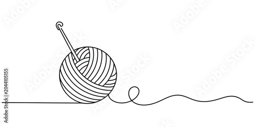 Continuous single line drawing of a ball of yarn with a metal crochet hook