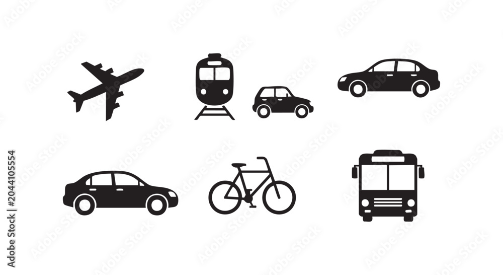Fototapeta premium Transportation vehicle icons collection with airplane train car bicycle and bus silhouettes for travel and logistics maps.